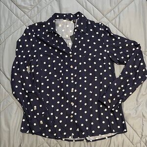 Betabrand Navy and White Polka Dot Shirt